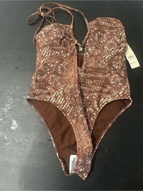 Brown Printed Halter One-Piece Swimwear